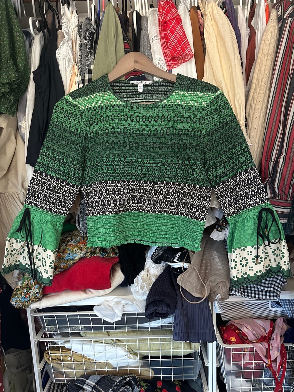 10 Crosby Derek Lam Green Patterned Boho Crop Top with Bell Sleeves